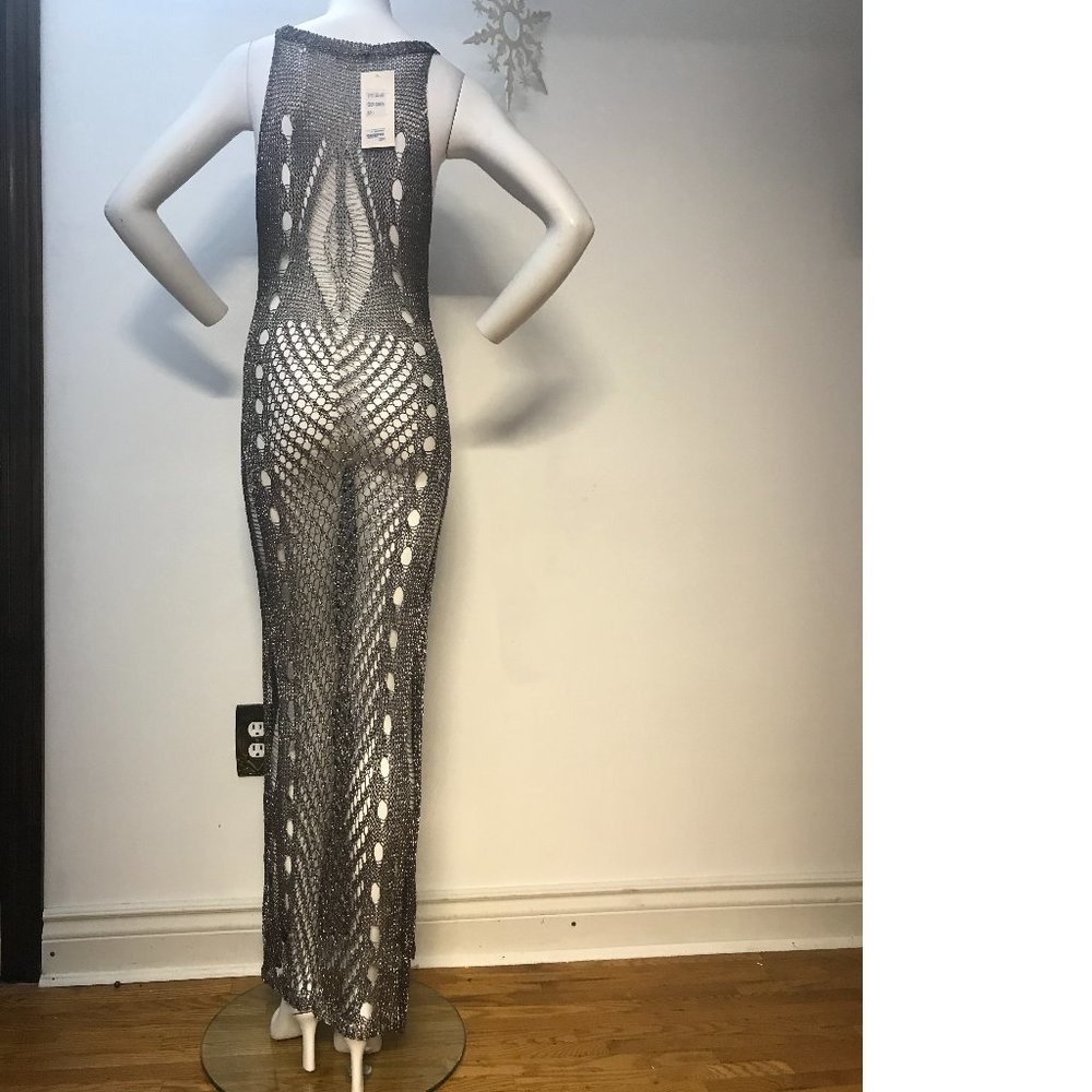 Silver Gunmetal Grey Sheer Knit Mesh Long Shiny Maxi Dress Coverup trendy NWT